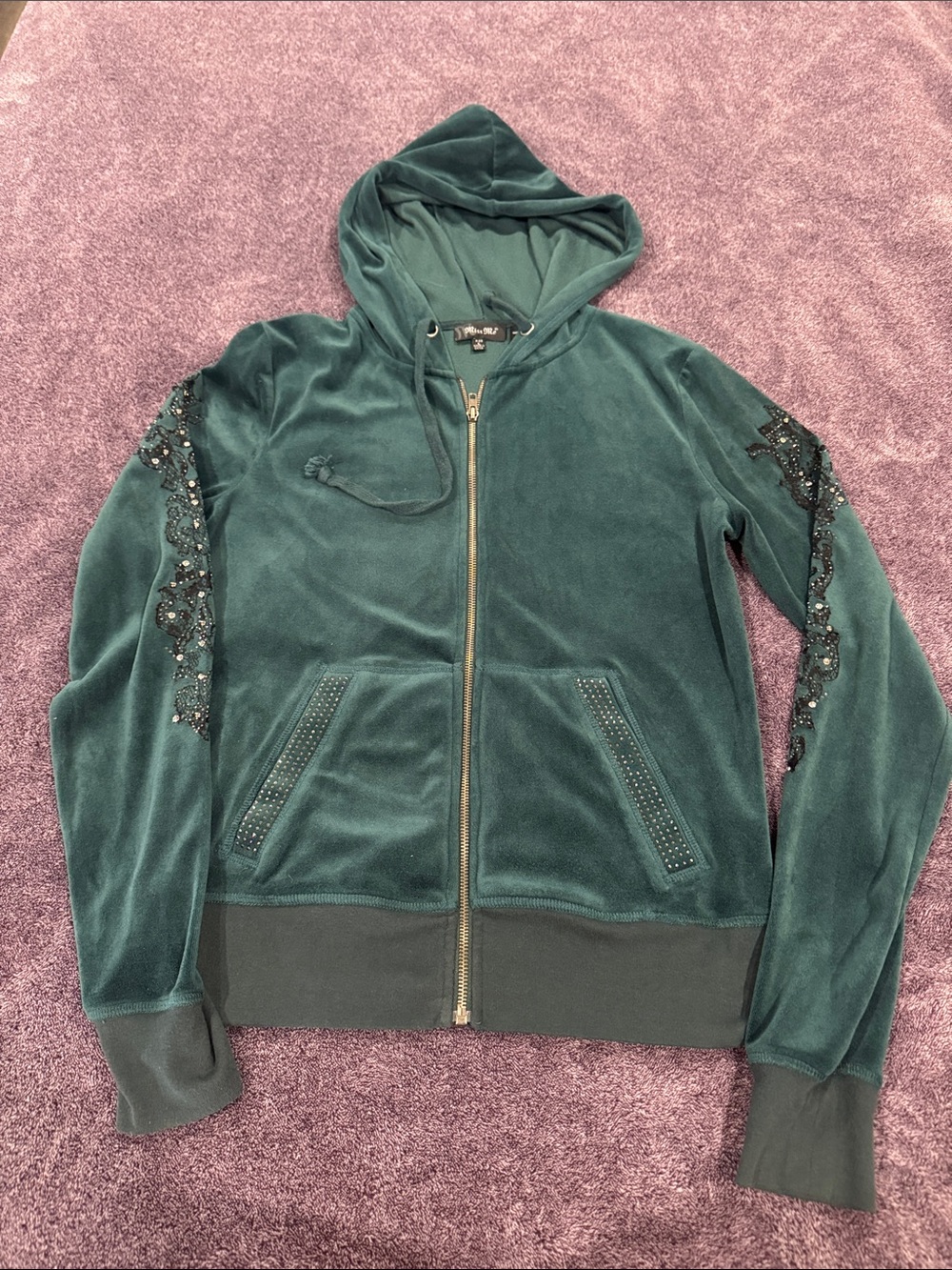 Miss Me Teal Velour Hooded Zip Jacket with Embellished Sleeves